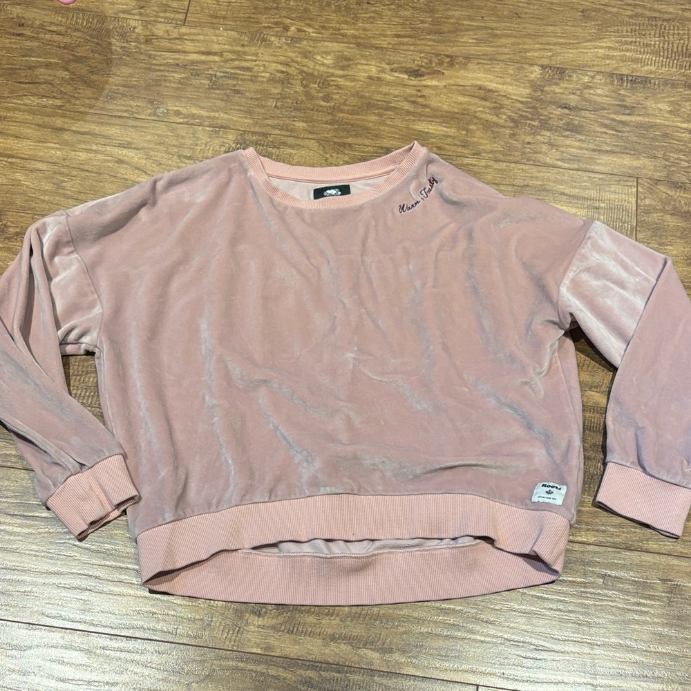 Roots Dusty Rose Velour Sweatshirt kids XXL ‘warm & toasty’ embroidered detail